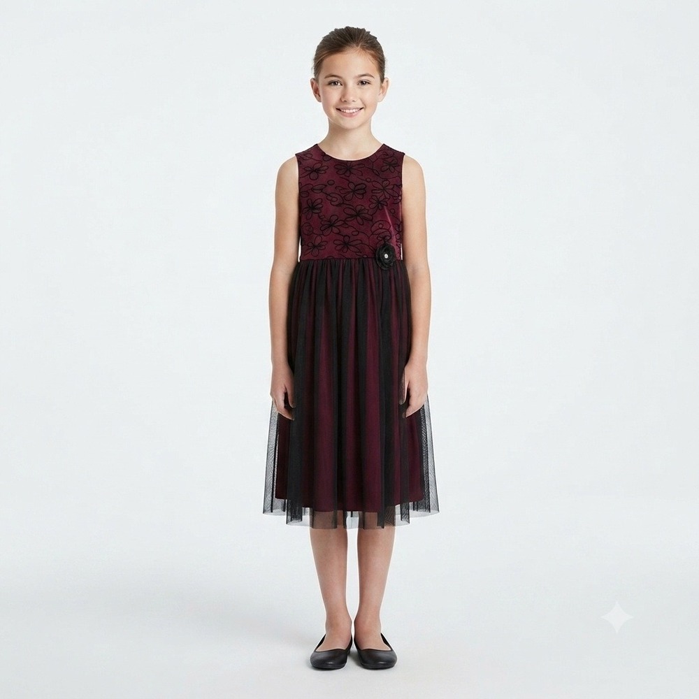 Girls Dress Size 10 Wine Black Flocked Floral Tulle Party Dress Holiday Recital